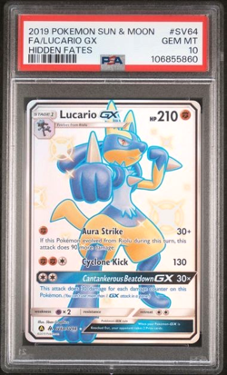 Lucario GX SV64/SV94 Hidden Fates Full Art Rare PSA 10 Gem Mint Pokemon Card - Image 1