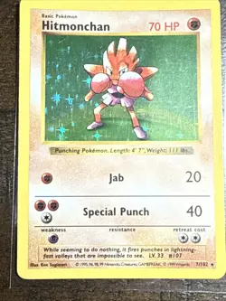1999 Pokemon, Base Set Shadowless, #7/102 Hitmonchan, Holo Rare Card - Image 1