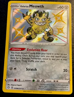 Shiny Galarian Meowth SV086/SV122 NM Ultra Holo Rare Shining Fates Pokemon Card! - Image 1