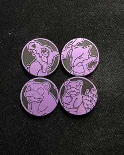 Pokemon TCG Slowpoke Slowking Mewtwo Glow in the Dark Coins Purple Lot*4 -LU57 - Image 1