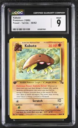 CGC Mint 9 Kabuto 1999 Pokemon Fossil 1st Edition Card #50/62 - Image 1