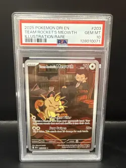 Pokemon 2025 Destined Rivals Team Rockets Meowth Card 203/182 PSA 10 Gem Mint - Image 1