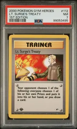 TCG 2000 Pokemon GYM HEROES Trainer 1ST Edition Card LT SURGE'S TREATY 112 PSA 7 - Image 1