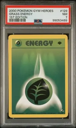 TCG 2000 Pokemon GYM HEROES Game 1ST Edition Card GRASS ENERGY # 129 PSA 7 - Image 1