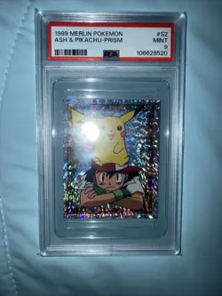 Ash & Pikachu 1999 Merlin Pokemon Prism Sticker #S2 PSA 9 Mint POP 126!! - Image 1