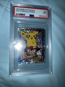 Ash & Pikachu 1999 Merlin Pokemon Prism Sticker #S2 PSA 9 Mint POP 126!! - Image 2