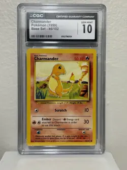 CGC 10 GEM MINT Charmander 1999 Base Set 46/102 Pokemon TCG Card Graded Vintage - Image 1