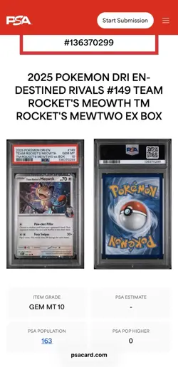 PSA 10 Team Rocket’s Meowth 149 - Mewtwo Ex Cosmos Card **POP 163** - Image 3