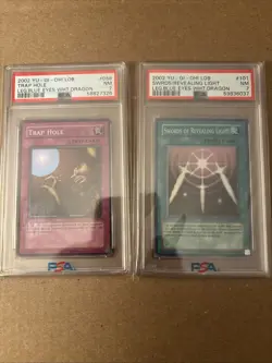 2002 YU-GI-OH! LOB BLUE EYES #101 SWORDS OF REVEALING LIGHT TRAP HOLE PSA 7 LOT - Image 1