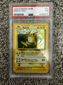1999 Pokemon Game Base Set #14 RAICHU HOLO UNLIMITED 14/102 PSA 7 NM TCG - Image 1