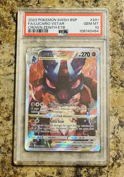 2023 Pokemon SWSH 291 Lucario VStar Crown Zenith ETB Black Star Promo PSA 10 Gem - Image 1
