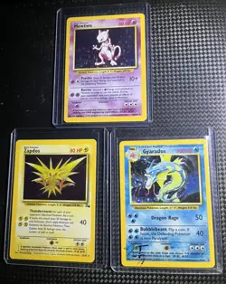 Pokemon Cards 3 vintage HOLLO cards Mewtwo base, Zapdos fossil, Gyarados LP - Image 1