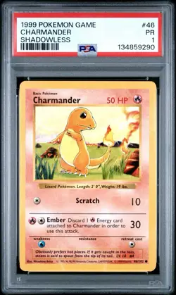 PSA 1 Shadowless Charmander #46/102 Base Set Pokemon 1999 WoTC PR - Image 1