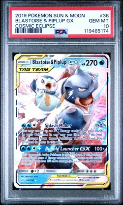 2019 Pokemon Sun & Moon Cosmic Eclipse Blastoise & Piplup GX #38 PSA 10 - Image 1