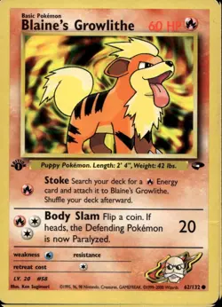Blaine's Growlithe 1st Edition 62/132 Common WOTC Gym Heroes Pokemon - Image 1