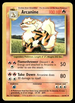 Pokemon Cards Arcanine 23/102 UNLIMITED Base Set WOTC Uncommon MP - Image 1