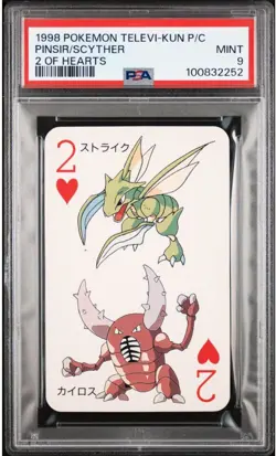 PSA 9 1998 POKEMON TELEVI-KUN MAGAZINE PLAYING CARDS SCYTHER/PINSIR 2 OF HEARTS - Image 1