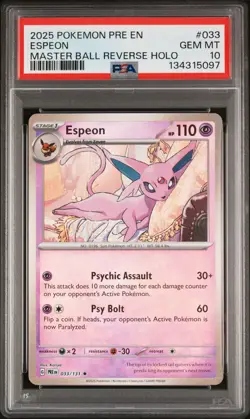 2025 POKEMON PRE EN-PRISMATIC EVOLUTIONS MASTER BALL REVERSE HOLO ESPEON PSA 10 - Image 1