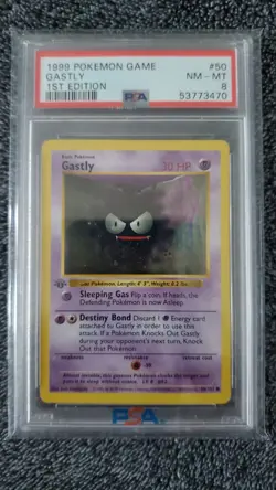 Pokemon 1999 Basic Base Set 1st Edition SHADOWLESS GASTLY #50/102 PSA 8 NM MT - Image 1