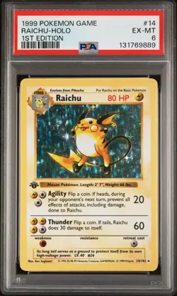 1999 POKEMON GAME 1ST ED #14 RAICHU-HOLO PSA 6 - Image 1