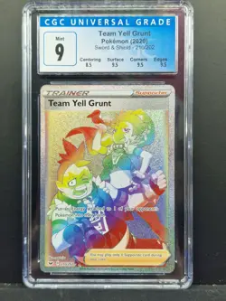 CGC Grade Mint 9 Team Yell Grunt 210/202 Rainbow Rare Sword Shield Pokemon Card - Image 1