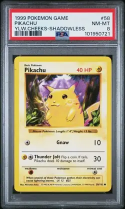 PSA 8 Pikachu Shadowless Pokemon Card 58/102 WOTC Base Set Yellow Cheeks NM NEW - Image 1