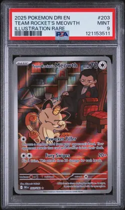 POKEMON PSA 9 2025 SV Destined Rivals Team Rocket's Meowth 203/182 - Image 1