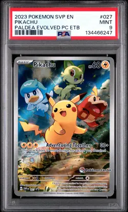 2023 POKEMON PALDEA EVOLVED POKEMON CENTER ETB PROMO SVP #027 PIKACHU PSA 9 - Image 1