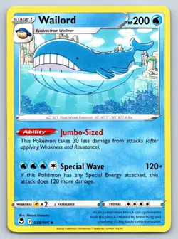 Wailord - Silver Tempest 038/195 Sword Shield Pokemon TCG Card - Image 1