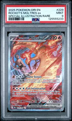 Pokemon Card PSA 9 Team Rocket's Moltres 229/182 Destined Rivals SIR Rare 2025 - Image 1