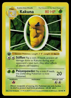 Pokemon Card - Kakuna Base Set (Shadowless) 33/102 Uncommon 1st Edition - Image 1