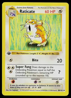 Pokemon Card - Raticate Base Set (Shadowless) 40/102 Uncommon 1st Edition - Image 1