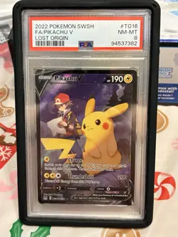 2022 Pokemon - Pikachu V TG16/TG30 Lost Origin PSA 8 with guard - Image 1