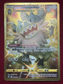 Galarian Perrserker 205/192 Rebel Clash Gold Secret Rare Pokemon 2020 NM Mint - Image 1