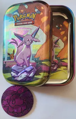 Empty Prismatic Evolutions Mini Tins [Espeon] With Card And Marker - No Packs - Image 1