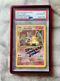 PSA Eric Stuart Signed Charizard 4/102 Base Set Holo Pokemon TCG With Guard - Image 1