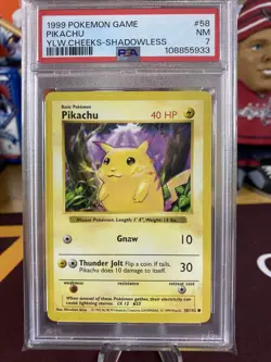 1999 Pokemon Base Set Shadowless Pikachu Yellow Cheeks PSA 7 - Image 1