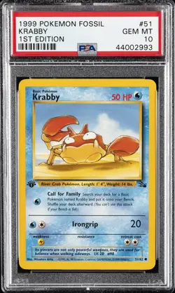1999 POKEMON FOSSIL 1ST ED #51 KRABBY PSA 10 - Image 1
