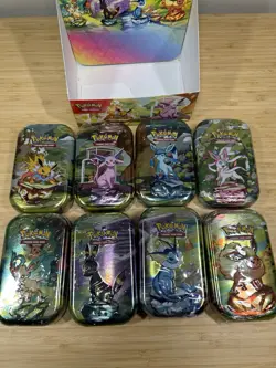 Pokemon Prismatic Evolutions Sealed Mini Tins Full Set of 8 English Open Display - Image 2