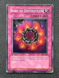 Yugioh Ring of Destruction 1st Edition Secret Rare PGD-000 MP crease - Image 1