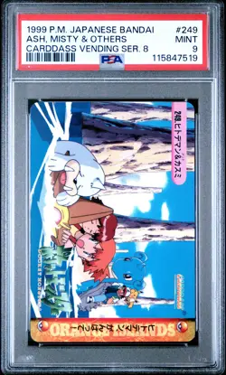 1999 POKEMON JPN BANDAI CARDDASS VENDING SER 8 #249 ASH, MISTY & OTHERS PSA 9 - Image 1