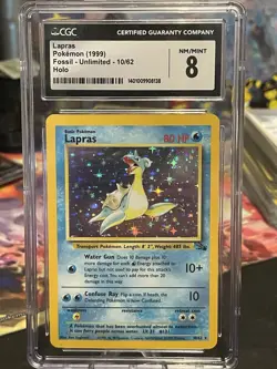 1999 Pokemon Fossil Unlimited Lapras Holo Rare 10/62 CGC NM/MINT 8 - Image 1