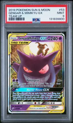 2019 POKEMON SUN & MOON TEAM UP #53 GENGAR & MIMIKYU GX PSA 9 - Image 1