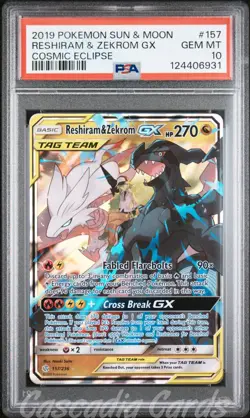 PSA 10 Reshiram & Zekrom GX 157/236 Cosmic Eclipse Pokemon - Image 1