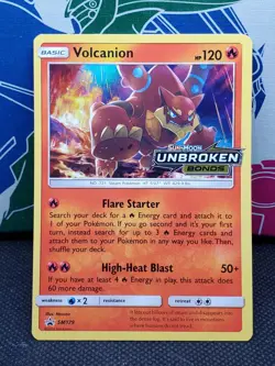 Volcanion SM179 Holo, Unbroken Bonds Prerelease Promo Stamped Pokemon Card NM - Image 1