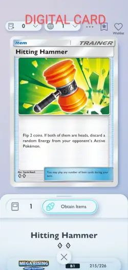Hitting Hammer Pokemon Pocket Mobile Game Mega Rising Set ◇◇ Rare Item Card - Image 1