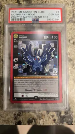 2021 MetaZoo Cryptid Nation Pin Club Series 1 Mothman Holo Promo Card #1 PSA 10 - Image 1
