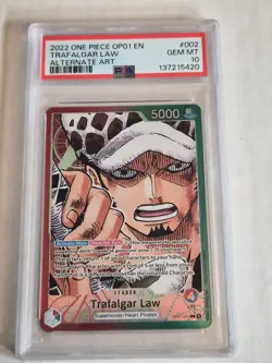PSA 10 Trafalgar Law OP01-002 Romance Dawn Alt Art Leader PRE ERRATA One Piece - Image 1