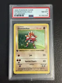 1999 Pokemon Base 1st Edition Shadowless Hitmonchan Holo 7/102 PSA 8 - Image 1