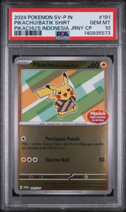 PSA 10 Pikachu Batik 191/SV-P Reverse Holo Indonesia Journey Promo Pokemon Card - Image 1